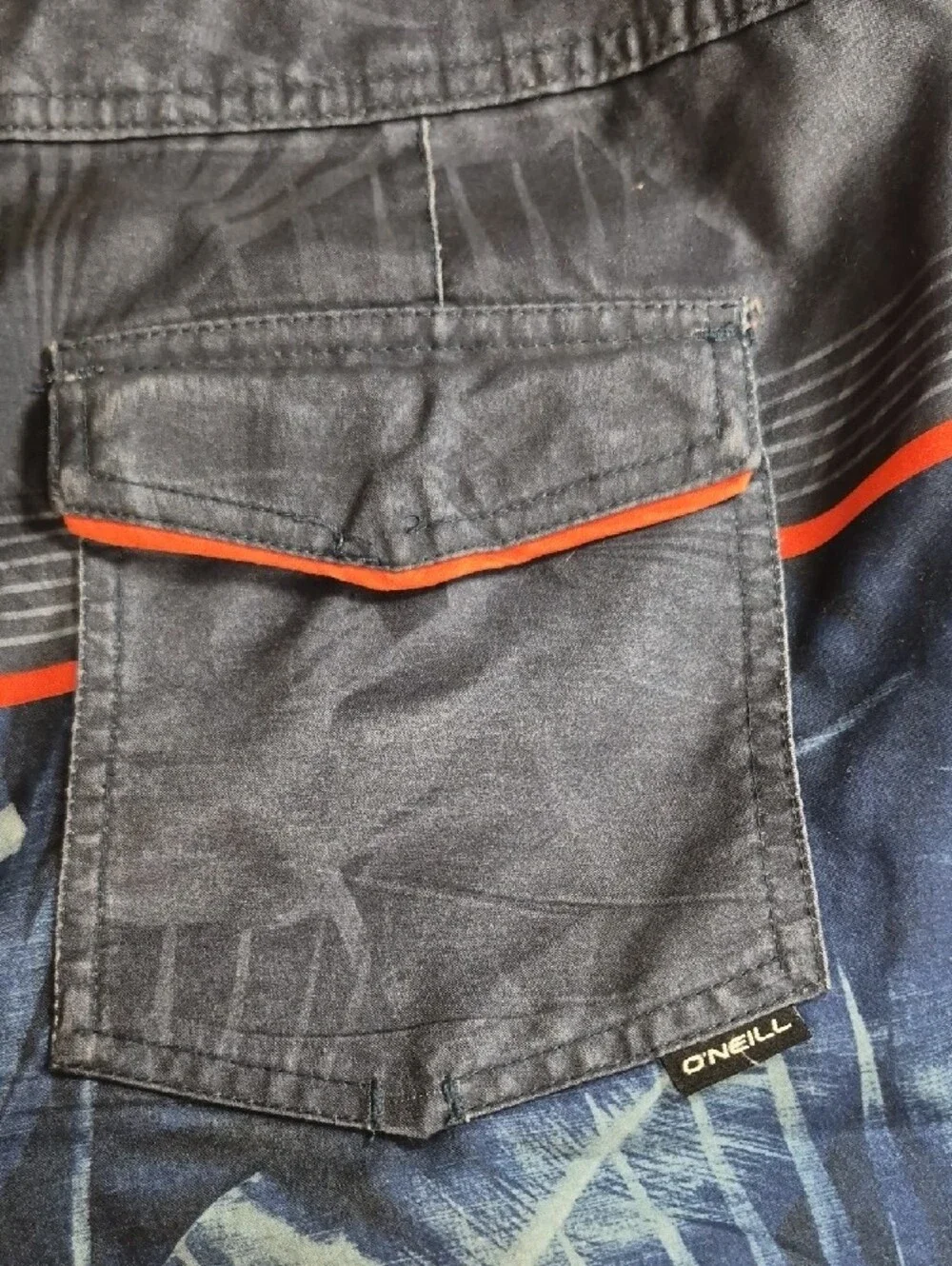 Men's Navy Palm-Print Swim Trunks with Red Accent Size 36